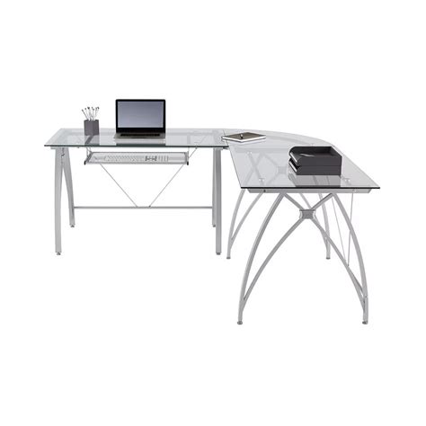 Desks Office Desks SHW Vista Corner L Desk White with Black Glass Desks & Workstations