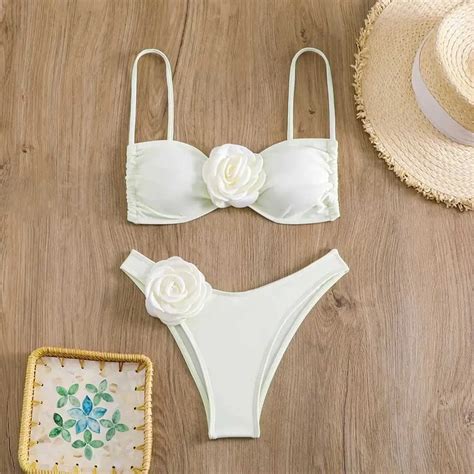 Flower Bikini Set Sexy Bandeau Swimwear With Thong Bottom Lace Up