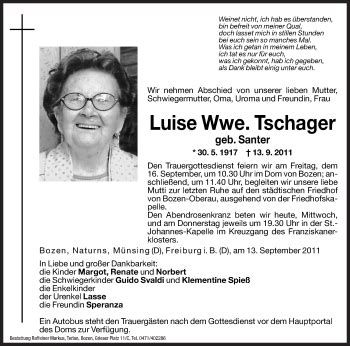 Traueranzeigen Von Luise Tschager Trauer Bz