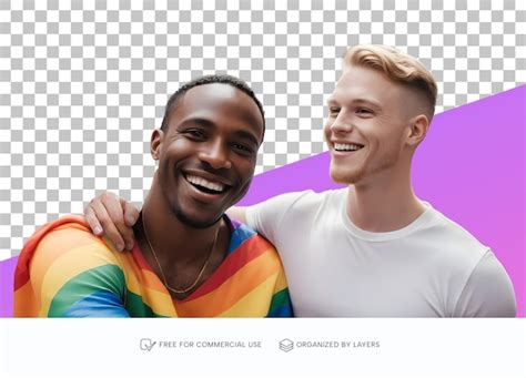 Un retrato de un hombre gay negro y un hombre gay blanco con una bandera arco iris en el día del
