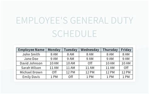 Employee's General Duty Schedule Excel Template And Google Sheets File For Free Download ...