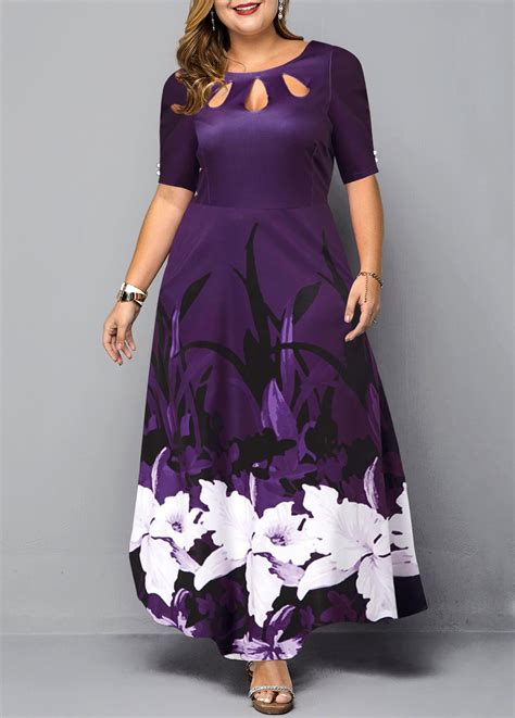 ROTITA Plus Size Keyhole Neckline Floral Print Dress Rotita USD