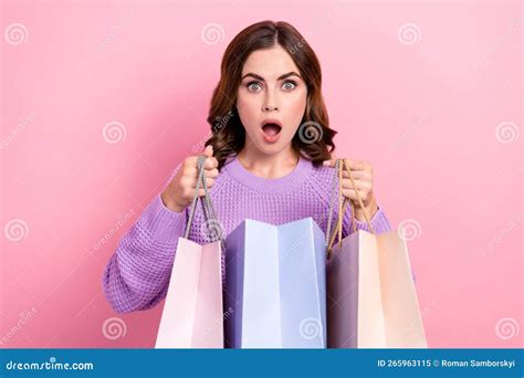 Photo Of Sweet Impressed Lady Wear Violet Sweater Looking Open Shoppers