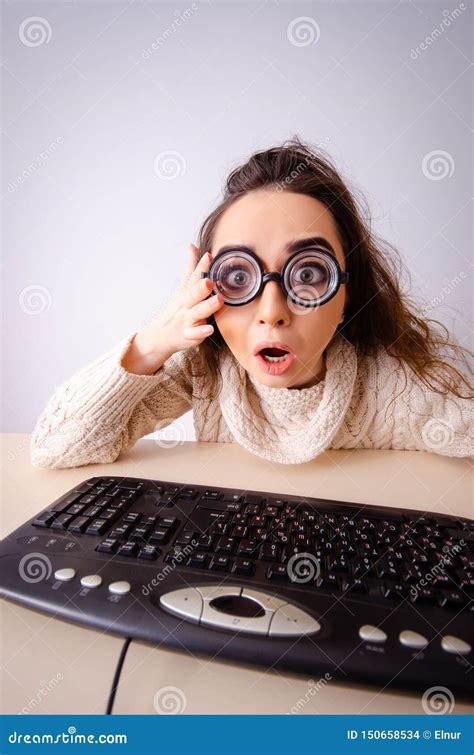 The Funny Nerd Girl Working On Computer Stock Photo Image Of Nerd