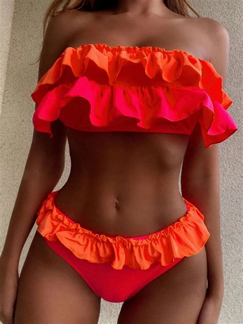 Color Block Tiered Layer Bandeau Bikini Swimsuit