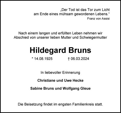 Traueranzeigen Von Hildegard Bruns Nordwest Trauer De