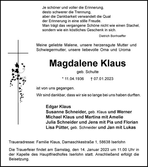 Traueranzeigen Von Magdalene Klaus Trauer In Nrw De