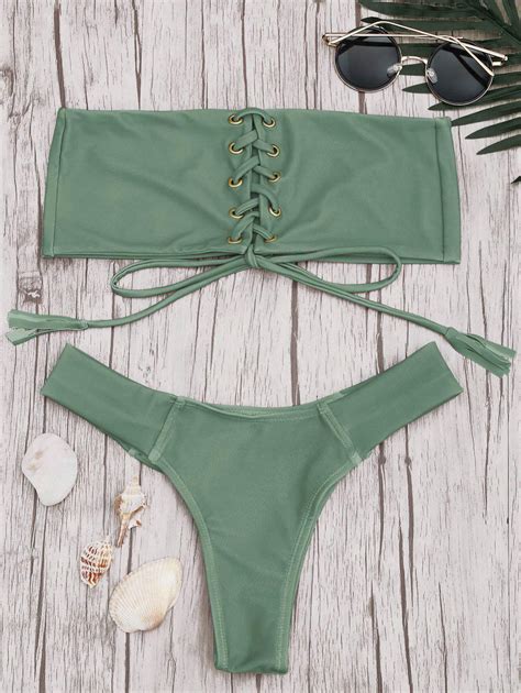 11 OFF 2021 Bandeau Lace Up Bikini Set In PEA GREEN ZAFUL