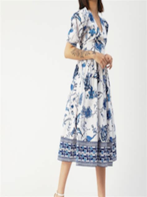 Buy Moomaya Floral Printed V Neck Puff Sleeve Cotton Fit And Flare Midi