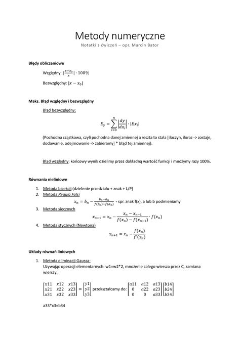 Wzory Z Metod Numerycznych Metody Numeryczne Notatki Z Wicze Opr
