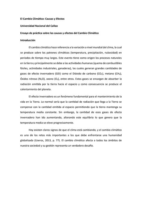 SOLUTION Ensayo De Pr Ctica Sobre Las Causas Y Efectos Del Cambio Clim