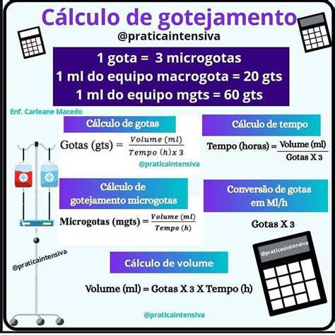 Cálculos De Gotejamento Enfermagem - Fórmula de Cálculo de Gotejamento | Tec enfermagem, Medicação, Dicas de ...
