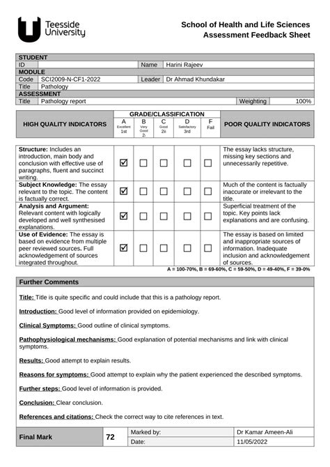 Pdf School Of Health And Life Sciences Assessment Feedback Sheet