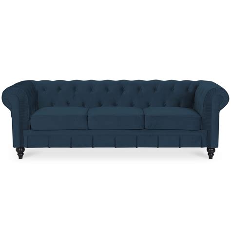 Canape Chesterfield Velours 3 Places Altesse Bleu foncé