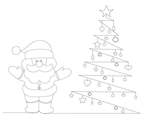 Un dibujo de línea de vector de santa claus y árbol de navidad Vector