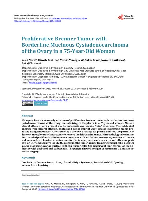 Pdf Proliferative Brenner Tumor With Borderline Mucinous