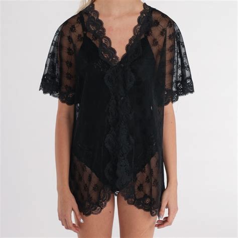 Black Lace Robe S Lingerie Jacket Sheer Floral Butt Gem