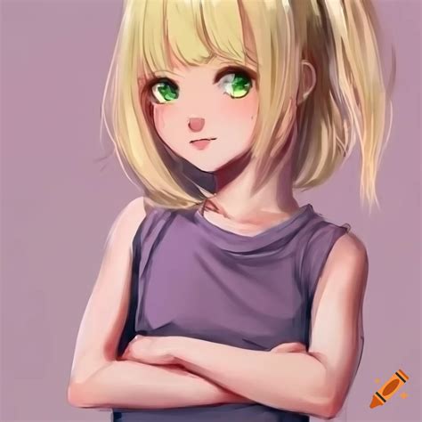 Anime Girl With Blonde Hair And Green Eyes In A Pink Sleeveless T Shirt On Craiyon