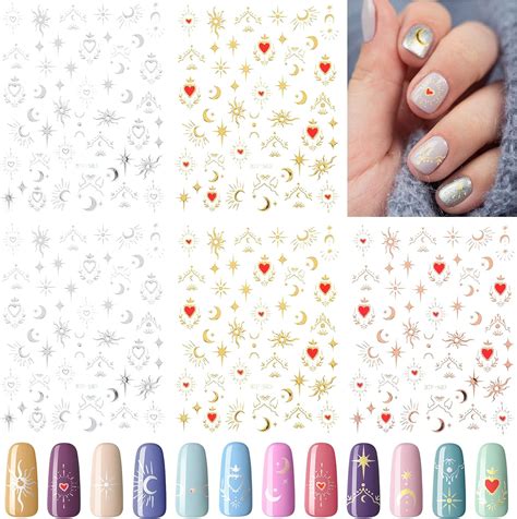 Amazon HINZIC 9 Sheets Sun Nail Art Stickers Bronzing Moon Star