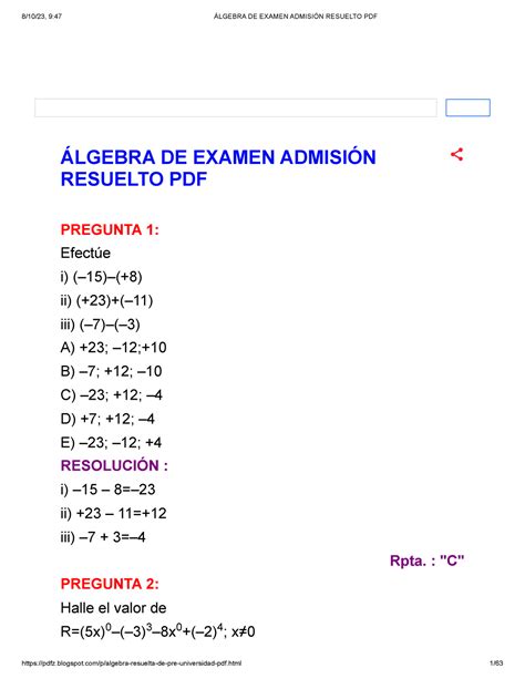 Álgebra De Examen Admisión Resuelto Pdf Álgebra De Examen AdmisiÓn