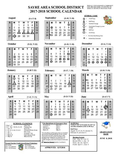 2017 - 2018 School Calendar | Sayre Area School District – Pennsylvania