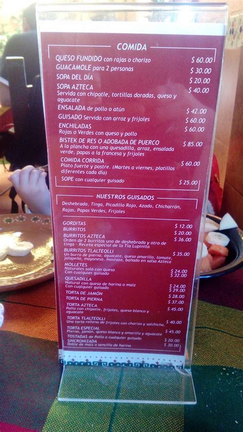 Carta de Restaurant Rincón Azteca Durango Calle 5 de Febrero 1117