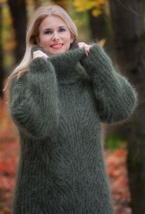 Olive Green Mohair Sweater Chunky Turtleneck Cable Knit Etsy Mohair