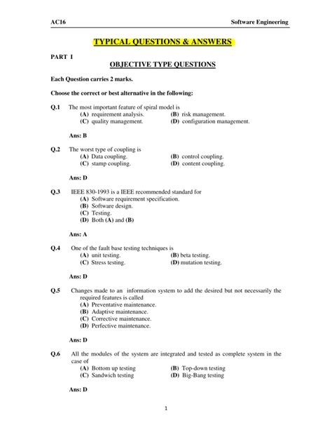 SOFTWARE ENGINEERING OBJECTIVE QUESTIONS WITH ANSWERS