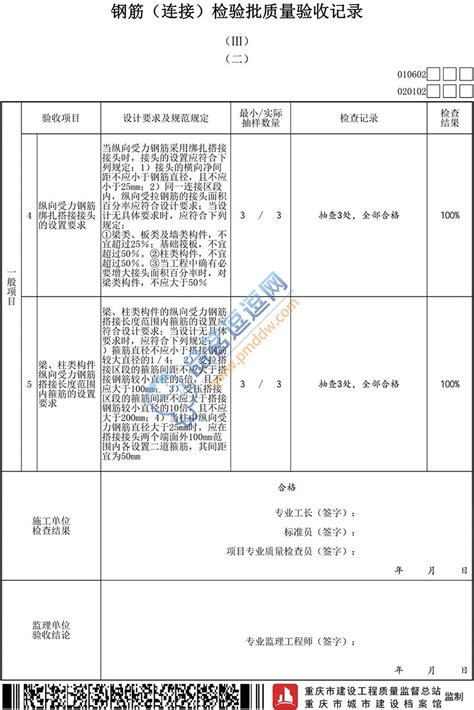 020102 钢筋（连接）检验批质量验收记录Ⅲ一、二品茗逗逗网品茗施工软件服务平台