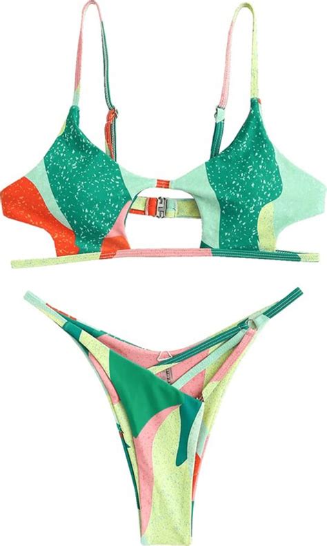 ZAFUL Women S Sexy Cutout Bikini Thong Bikini Set Tie Back Two Piece