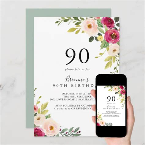 Greenery Pink Blush Floral 90th Birthday Party Invitation Zazzle