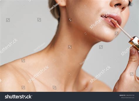 Sensual Shirtless Blonde Girl Applying Lip Stock Photo Shutterstock