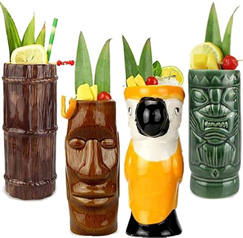 Tiki Mugs Cocktail Set Of 4 Large Ceramic Hawaiian Party Mugs Drinkware Cute Exotic Cocktail