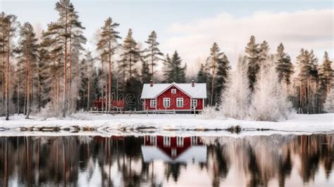 Idyllic Swedish House In Winter Scenery Red Cottage In Pine Forest