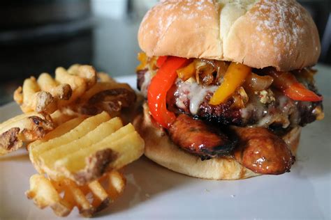 Burger with smoked sausage, grilled peppers and onions, and stone ground mustard. : r/burgers