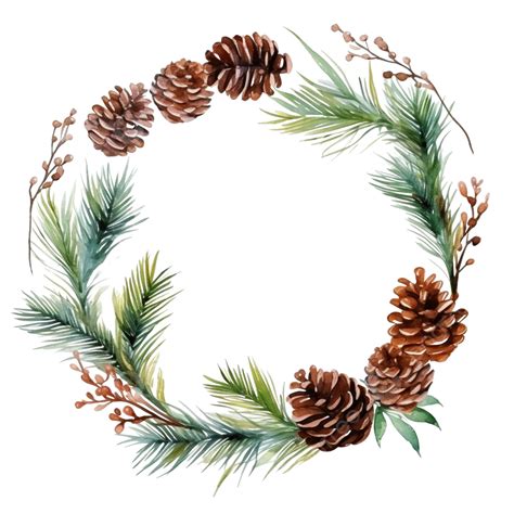 Christmas Wreath Round Frame Of Pine Branches And Cones Watercolor