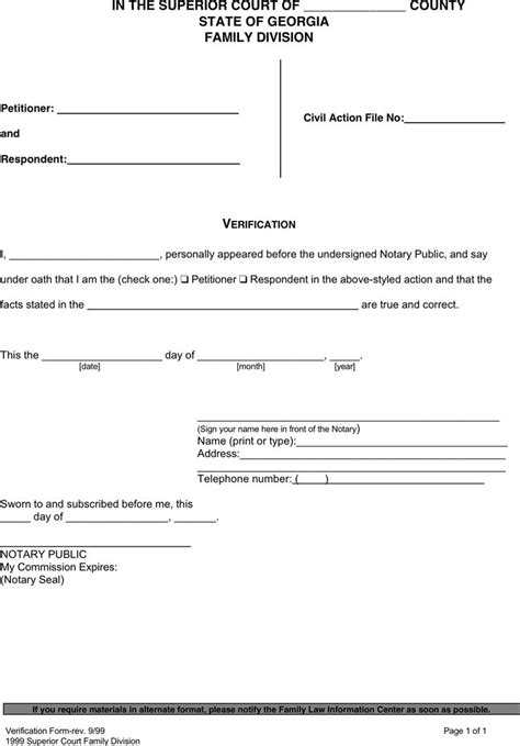 Free Georgia Divorce Form Verification Pdf 13kb 1 Page S