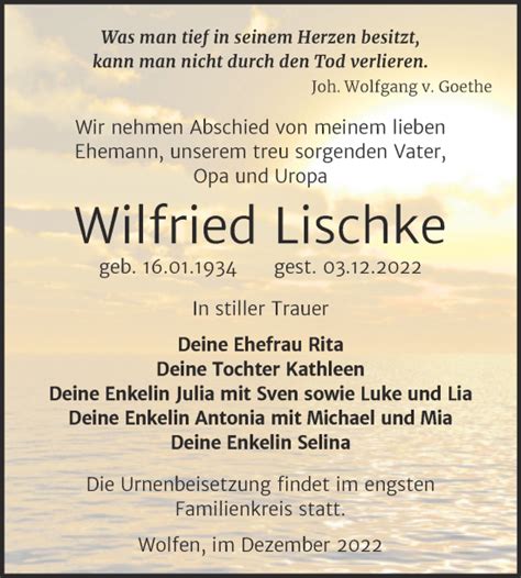 Traueranzeigen Von Wilfried Lischke Abschied Nehmen De