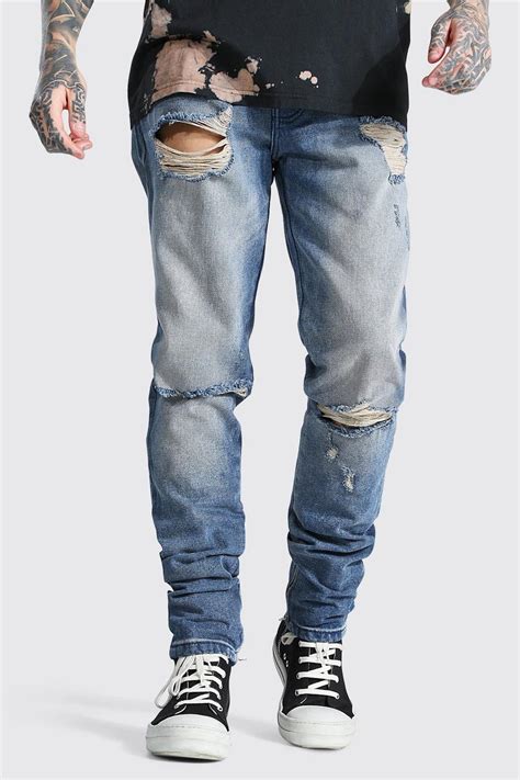 Mens Tapered Rigid Stacked Leg Exploded Knee Jean Boohoo