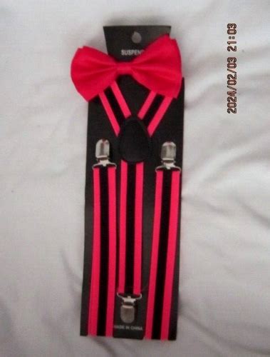 Hot Pink Adjustable Pre Tied Strap Bow Tie Pink Black Stripes Suspenders New V EBay