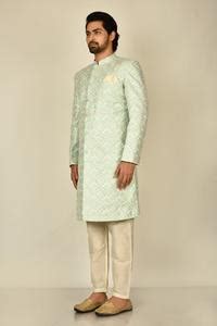 Buy Green Silk Embroidered Thread Work Floral Sherwani Set For Men By