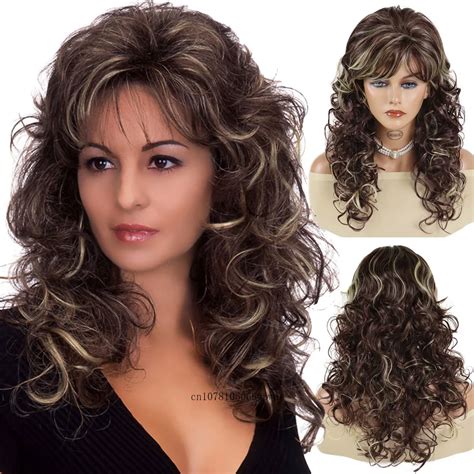 Women S Long Curly Wig With Bangs Natural Fluffy Heat Resistant Brown