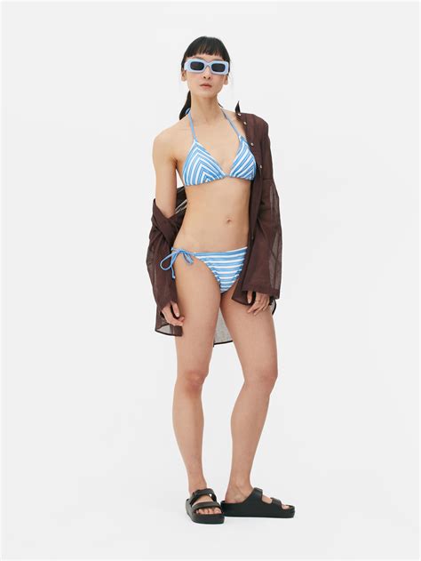 Womens Blue Stripe Towelling Triangle Bikini Set Primark