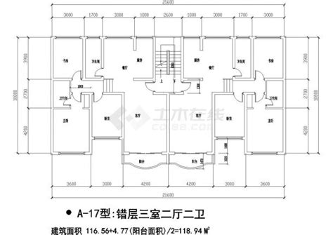 板式多层一梯二户错层三室二厅二卫户型图纸土木在线