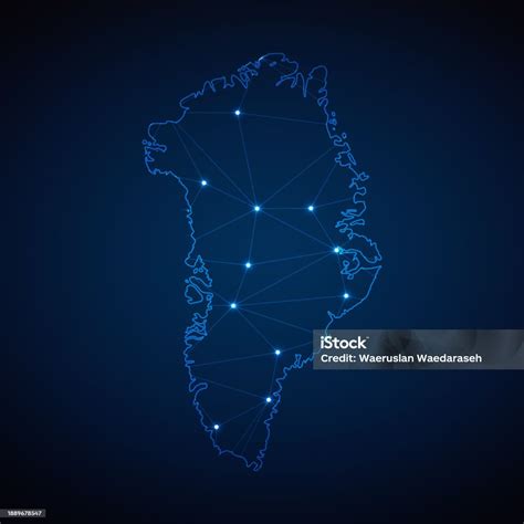 Abstract Wireframe Mesh Polygonal Map Of Greenland With Lights In The