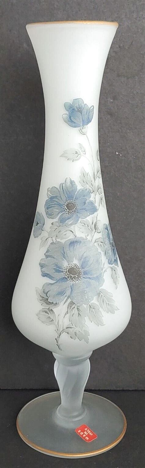 Vintage Italy Stemmed Frosted Bud Vase 10 White Satin Glass Vase Blue