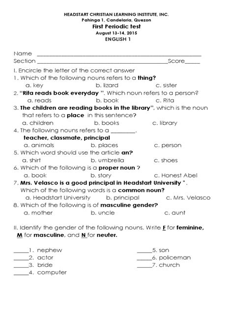 First Periodic Test English 1 Download Free Pdf Grammatical Gender