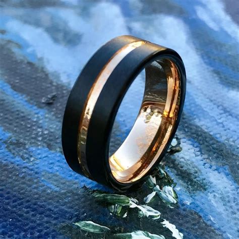 Mens Tungsten Wedding Band 8mm Tungsten Band Rose Gold Tungsten Matte Black Finish Comfort