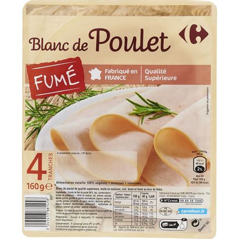 Blanc de poulet fumé CARREFOUR EXTRA la barquette de 4 tranches