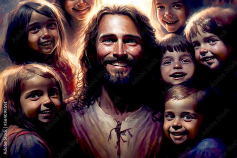 Realistic painting of Jesus smiling, Let the little children come to me ...